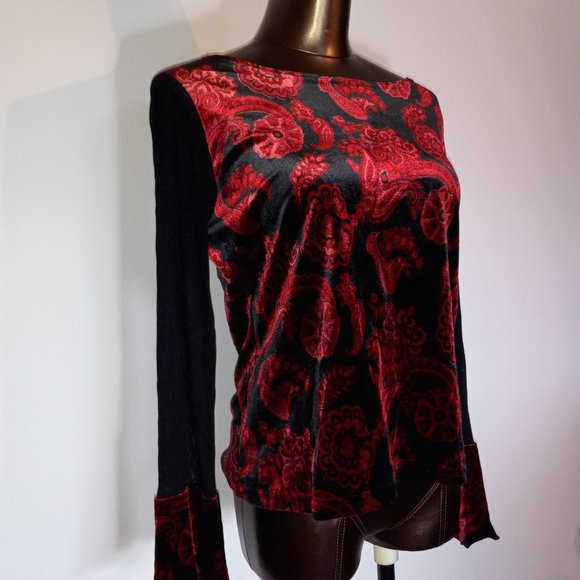 stretchy velvet floral print top with sheer sleeves & boat neck - Picture 10 of 13